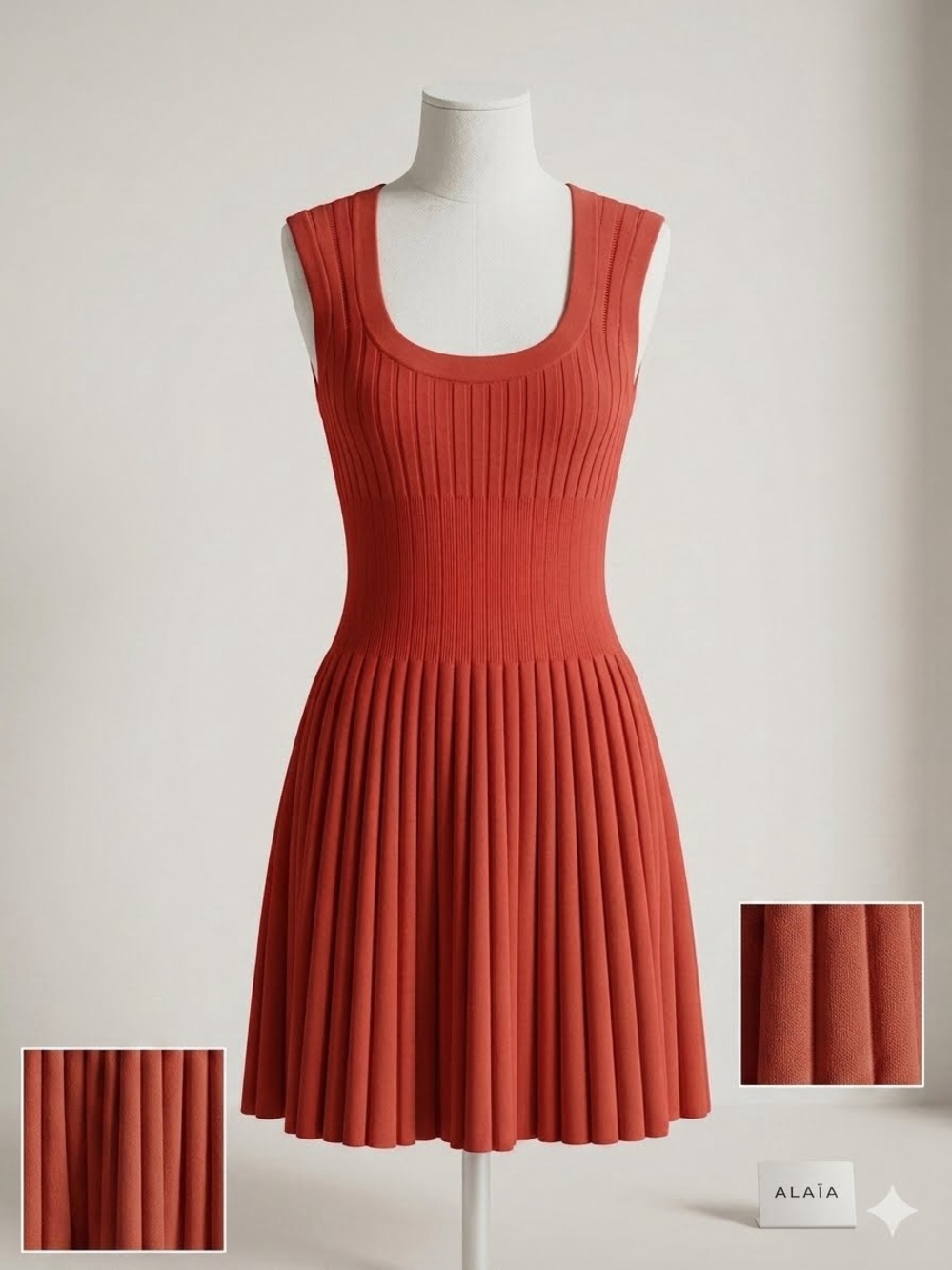 $3,800 ALAÏA Red Ribbed Knit Pleated Skater Mini Dress Size FR 36 / US S Small